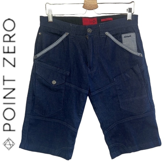 Point Zero Sweat Jeans Stretch Dark Blue Wash Cargo Shorts Size 30 - Picture 1 of 16